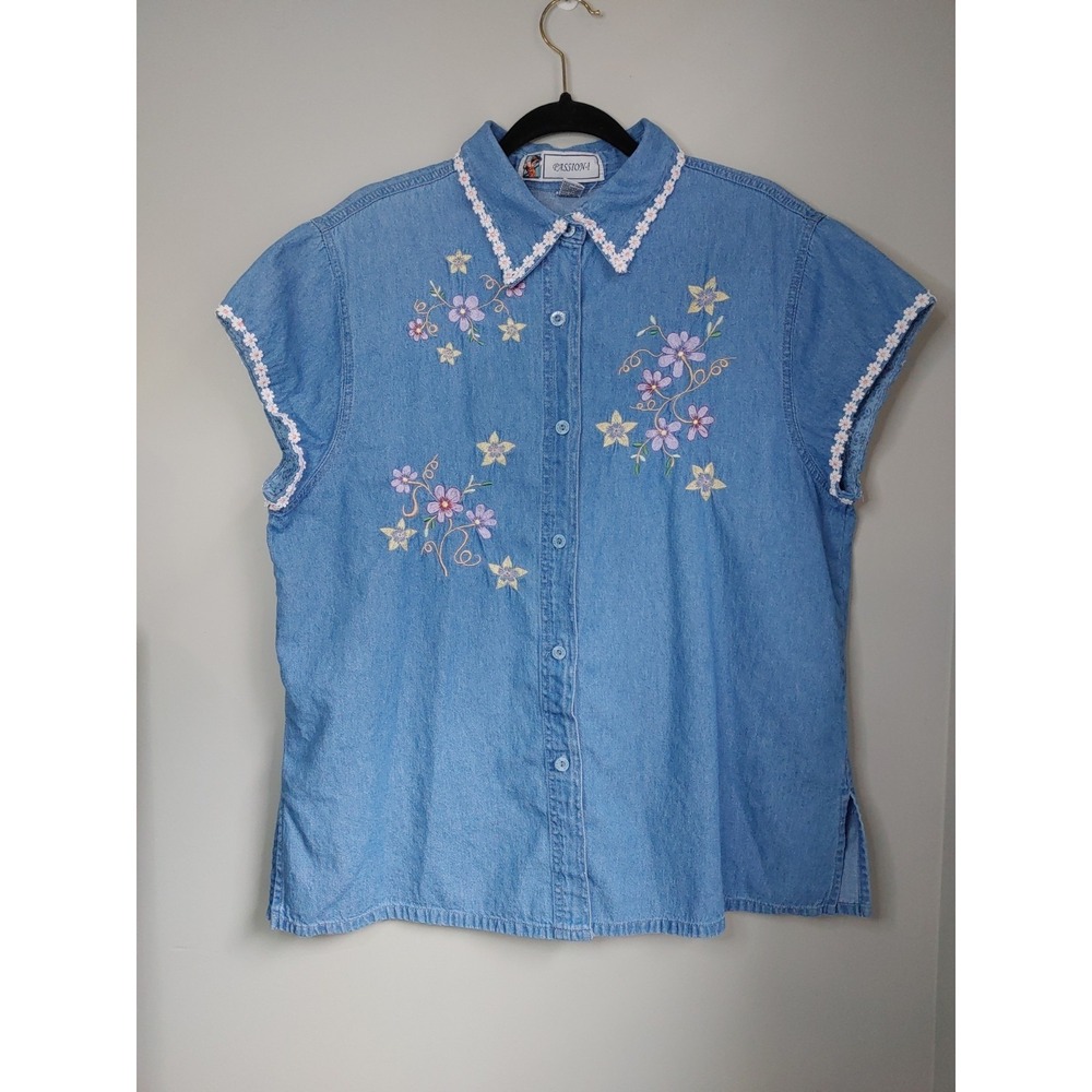 Vintage Passion Denim Shirt Womens XL Embroidered Button Daisy Cottage Floral